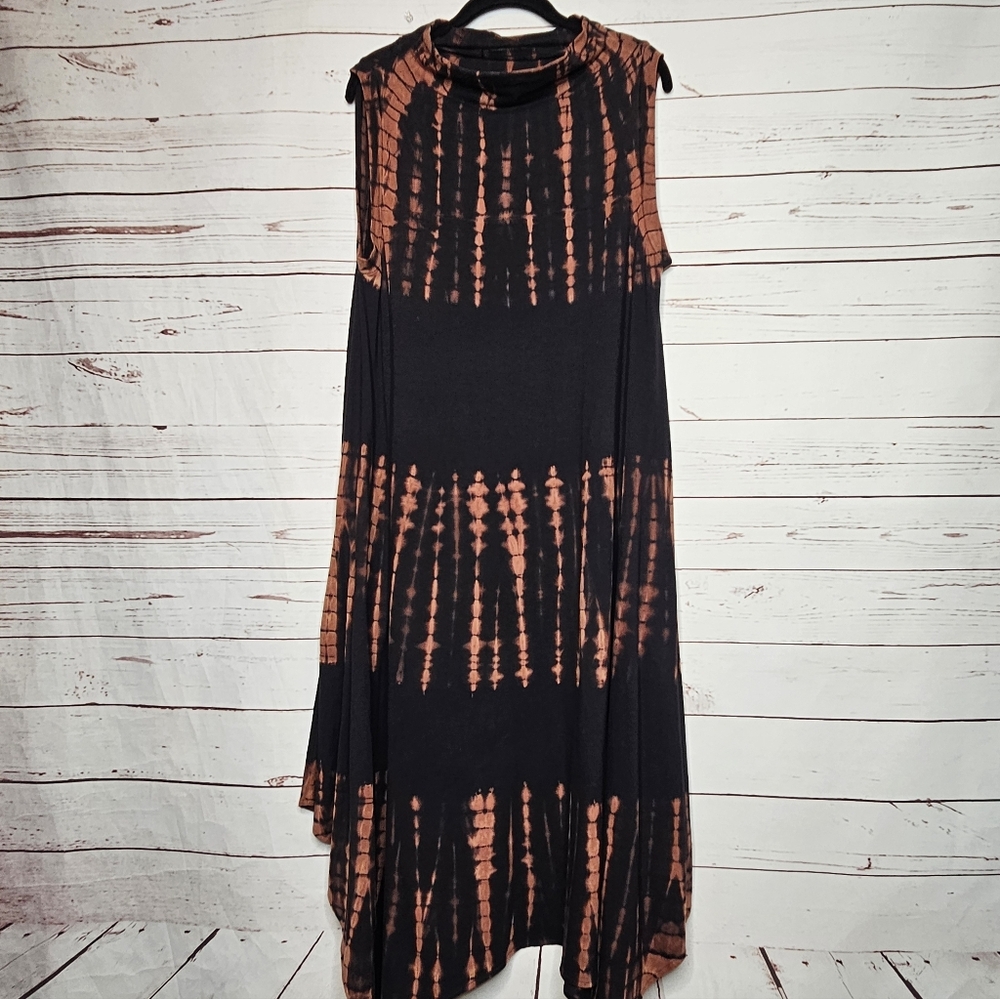 Snapdragon & Twig Asymmetrical Sleeveless Black and Orange Tie-Dye Dress - Picture 3 of 11